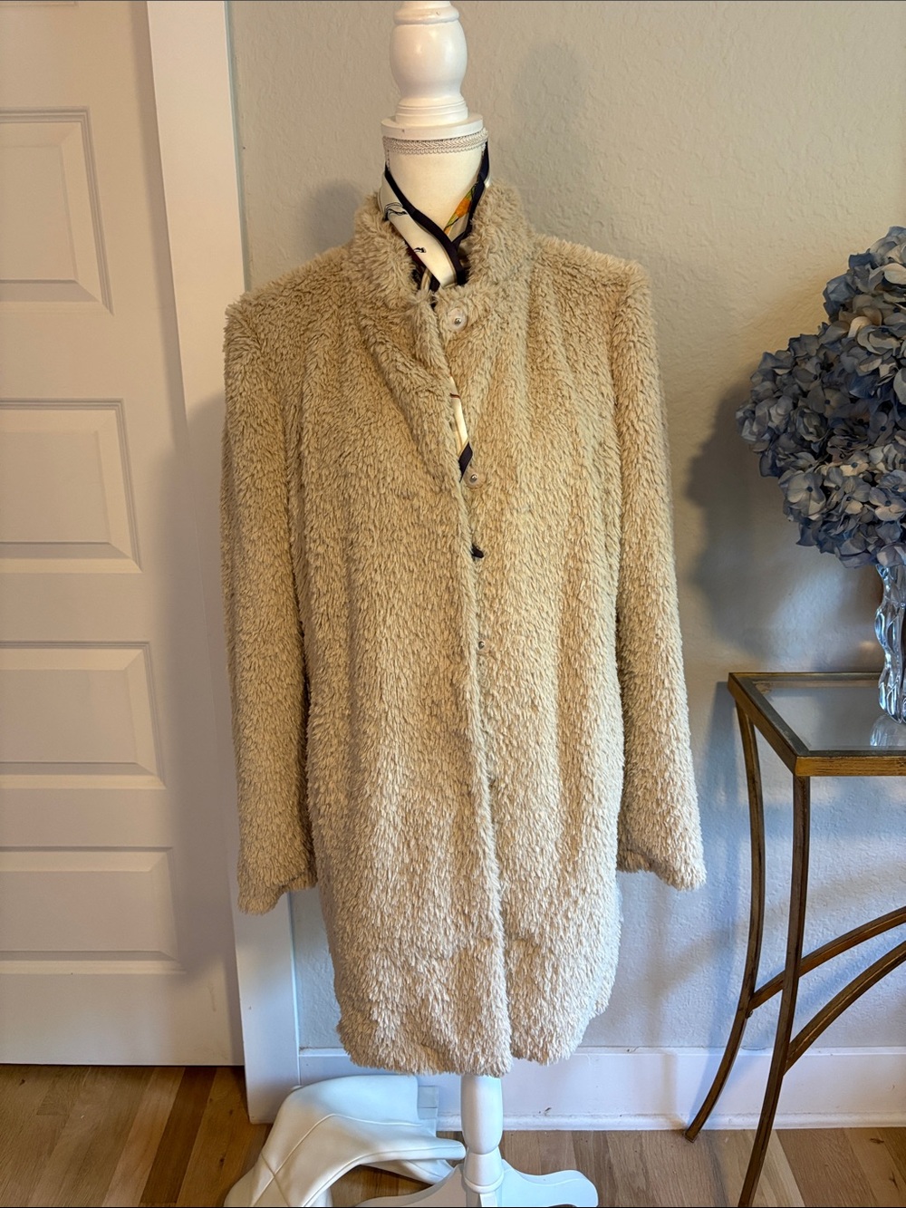 Kenneth Cole Cream Faux Shearling Long Teddy Coat
